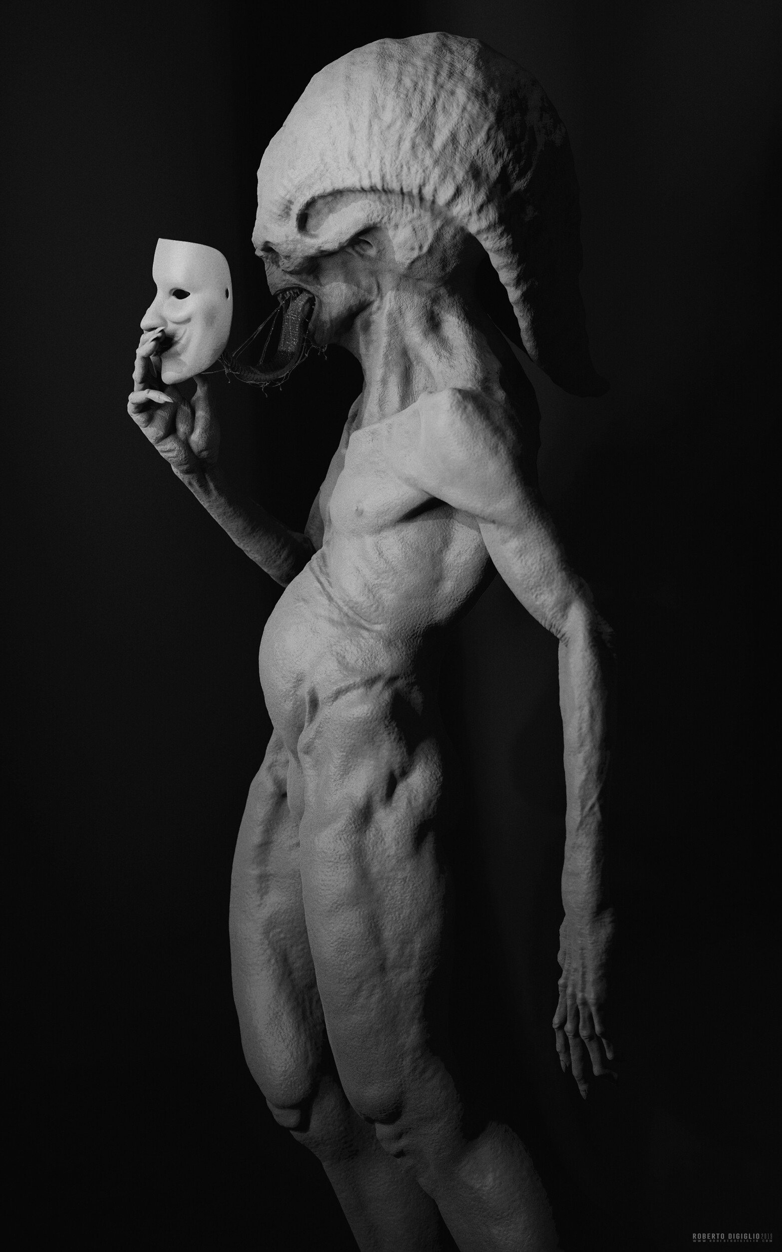 Behind the Mask — a creature holding a white mask, character design by Roberto Digiglio