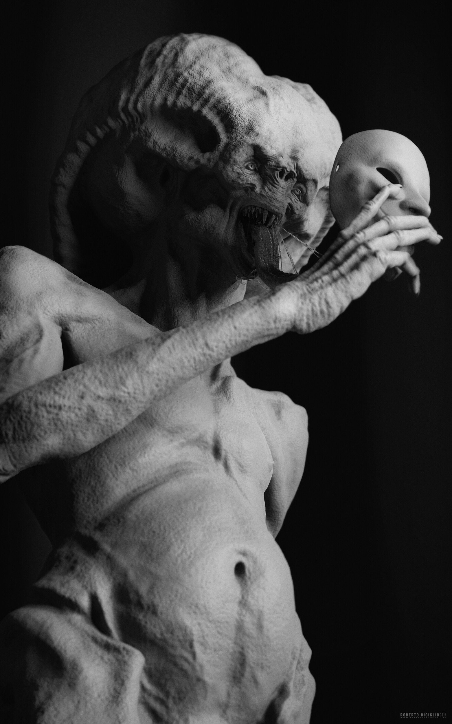 Behind the Mask — image 3: a creature holding a white mask, character design by Roberto Digiglio