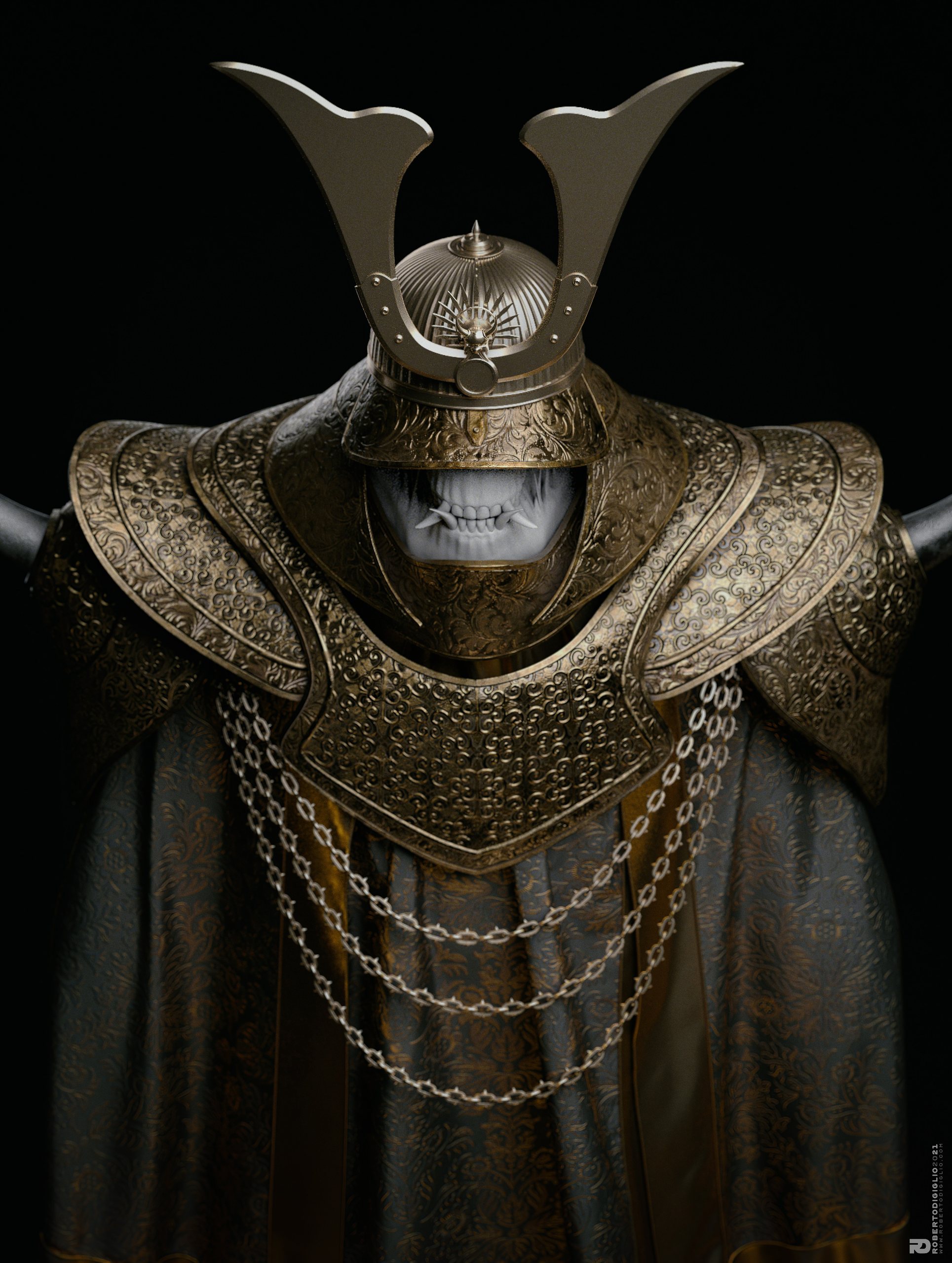 Golden Demon — an armored demon in ornate golden robes, character design by Roberto Digiglio