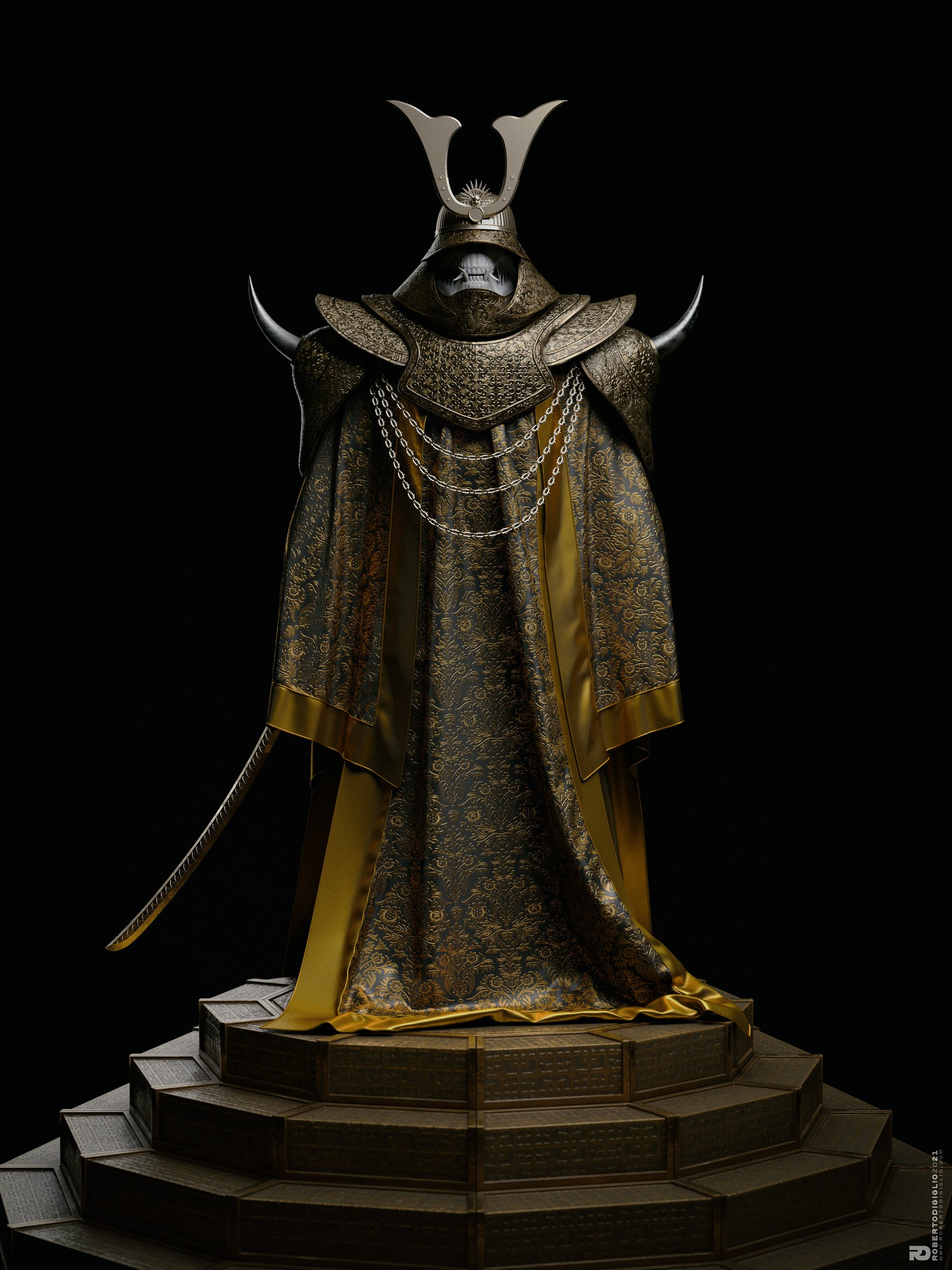 Golden Demon — image 3: an armored demon in ornate golden robes, character design by Roberto Digiglio