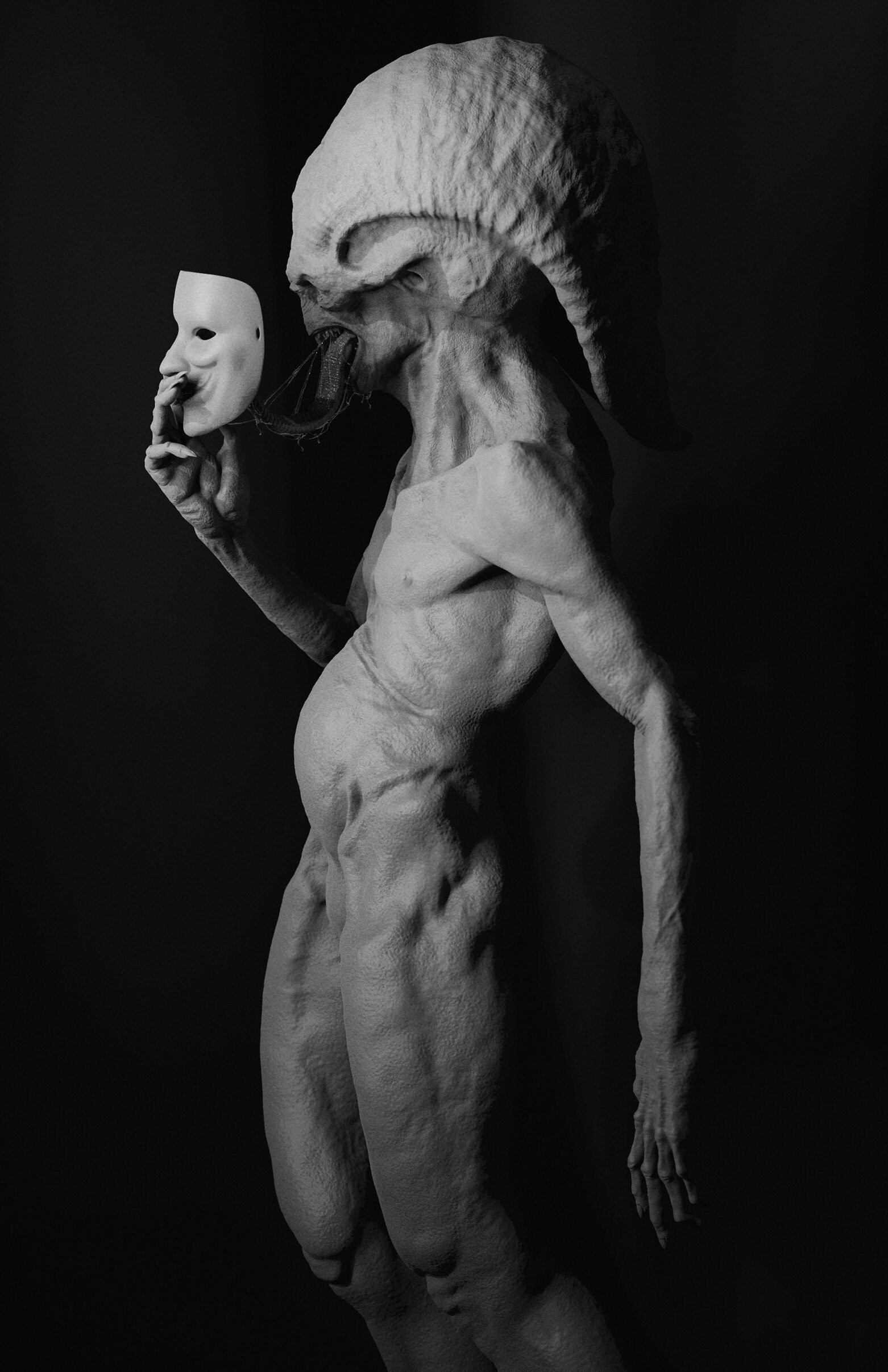 Behind the Mask — a creature holding a white mask, character design by Roberto Digiglio